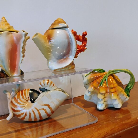 Vtg Mini Seashell Shaped Ceramic Teapot Set of 5 Thailand 3" - Picture 4 of 12